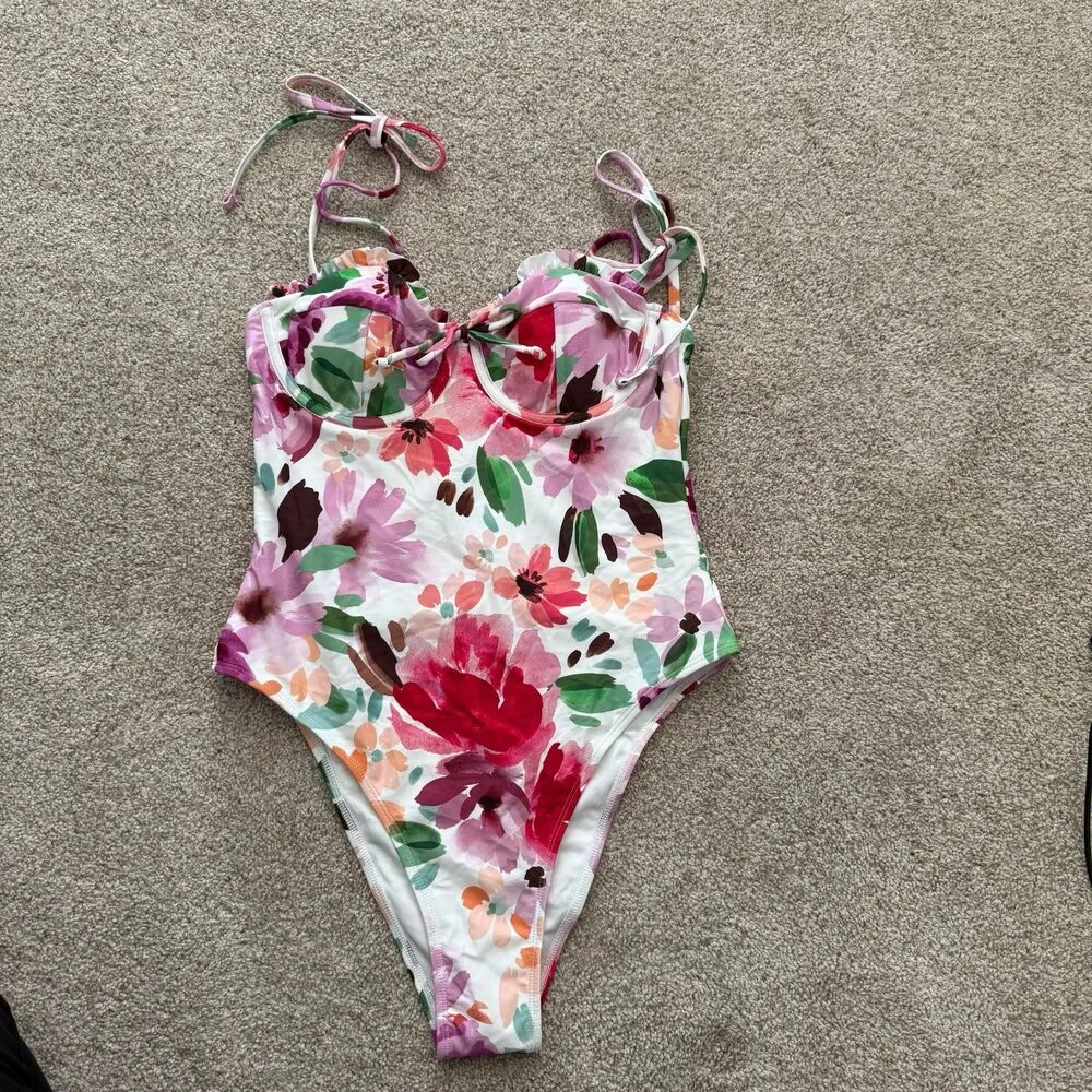 Cupshe Floral Holiday garden sweetheart One Piece Swimsuit - Pink and Green - Picture 3 of 12